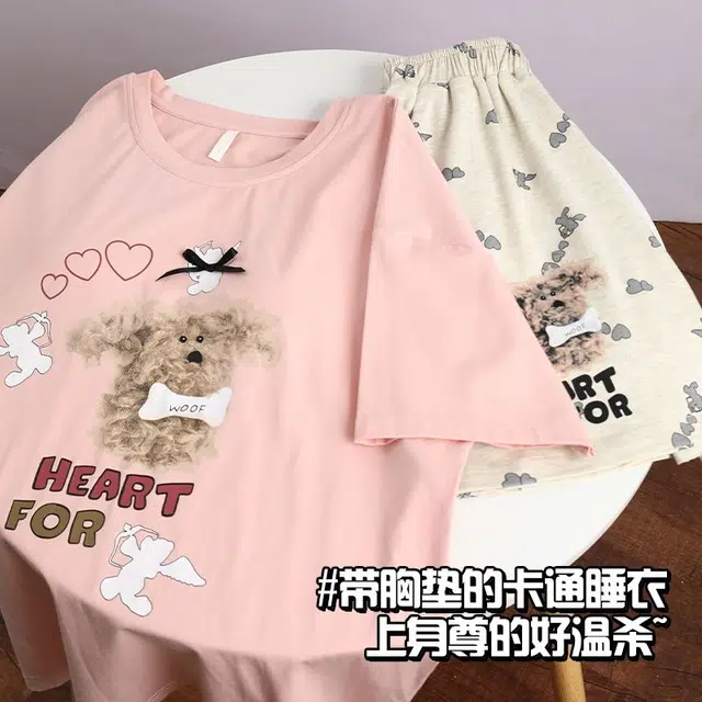 俏韵 圆领卡通短袖可爱套头带胸垫甜美家居服可外穿睡衣套装 女款