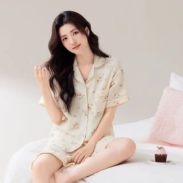 俏韵 翻领夏季猫咪纯棉甜美短袖短裤舒适薄款家居服可外穿睡衣套装 女款