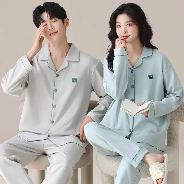 俏韵 翻领春秋季纯棉简约长袖长裤甜美舒适休闲高级家居服可外穿睡衣套装 男女同款