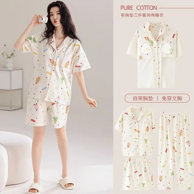 俏韵 翻领卡通夏季舒适甜美带胸垫短袖三件套薄款家居服可外穿睡衣套装 女款