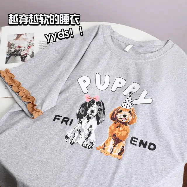 俏韵 圆领卡通短袖可爱甜美带胸垫家居服可外穿三分裤夏季睡衣套装 女款