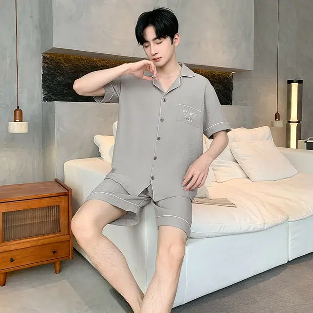 俏韵 韩版翻领短袖休闲简约家居服可外穿睡衣套装 男款