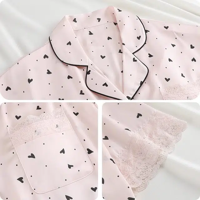 俏韵 翻领夏季款冰丝舒适短袖三件套甜美爱心薄款凉感家居服可外穿睡衣套装 女款