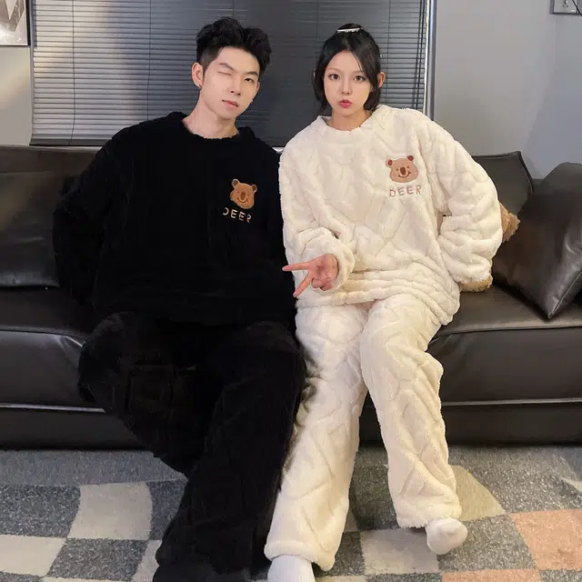 俏韵 简约亲肤舒适加厚卡通可爱小熊套头长袖休闲可外穿长裤睡衣套装 男女同款