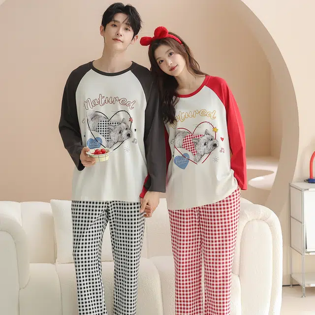 俏韵 圆领卡通春秋季纯棉长袖长裤甜美印花可爱舒适薄款家居服可外穿睡衣套装 男女同款