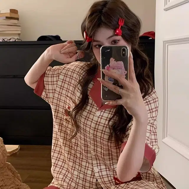 俏韵 翻领夏季苹果腊肠狗日系格子短袖短裤卡通夏天薄款家居服可外穿睡衣套装 女款