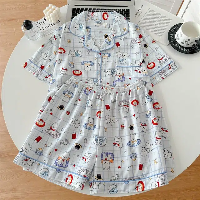 俏韵 翻领卡通夏季冰丝甜美短袖可爱薄款家居服可外穿睡衣套装 女款