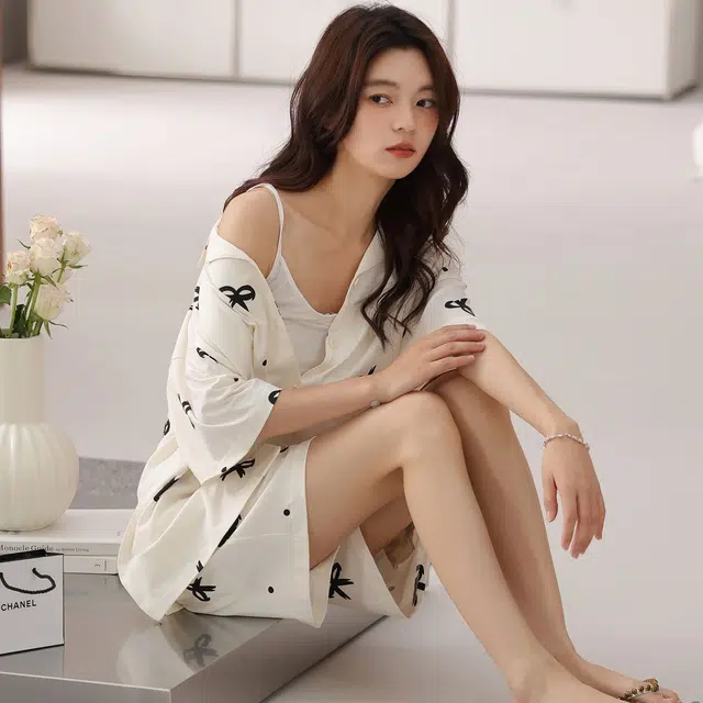 俏韵 翻领夏季纯棉舒适简约风短袖开衫甜美可爱薄款家居服可外穿睡衣套装 女款