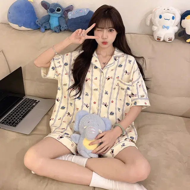 俏韵 翻领短袖薄款甜美可爱家居服可外穿睡衣套装 女款 杏色