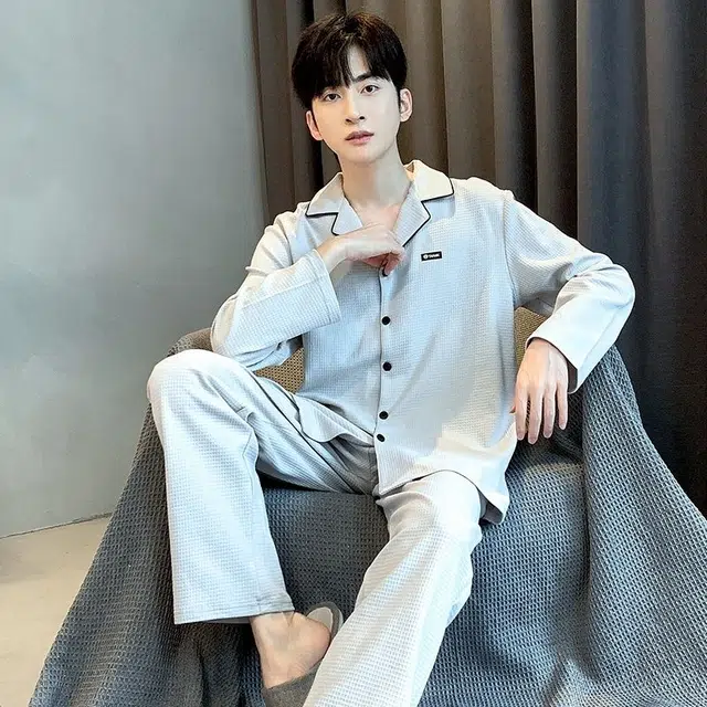 俏韵 翻领秋春季长袖长裤开衫休闲简约薄款家居服可外穿睡衣套装 男款