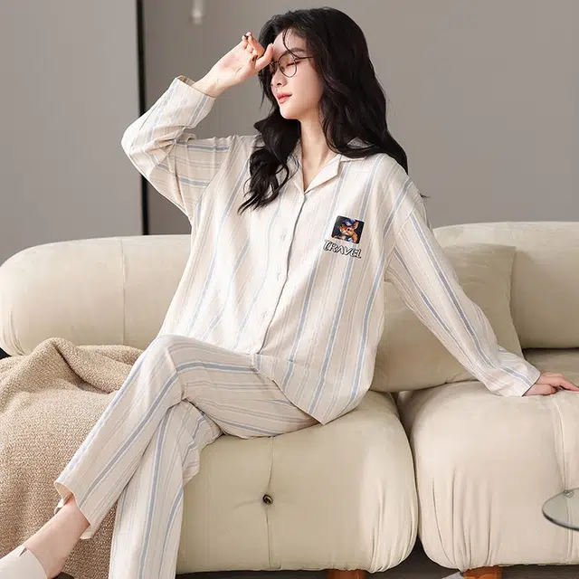 俏韵 翻领春秋季款长袖甜美可爱休闲舒适薄款家居服可外穿睡衣套装 女款