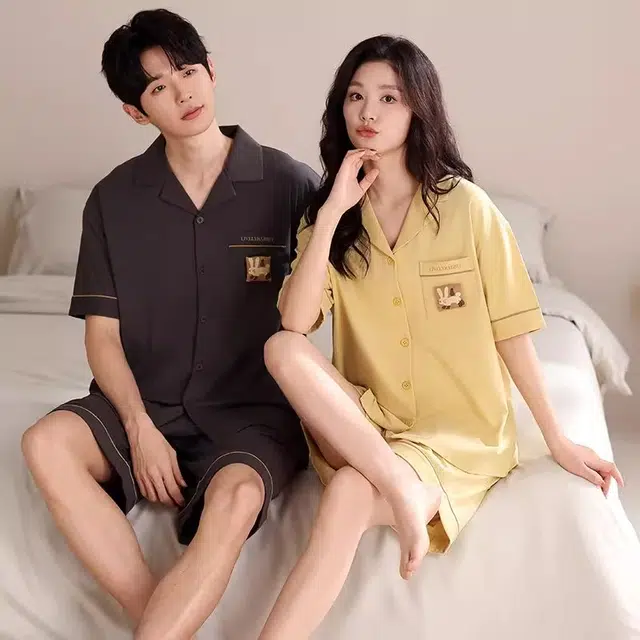 俏韵 翻领甜美舒适短袖三分裤薄款家居服可外穿夏季睡衣套装 男女同款