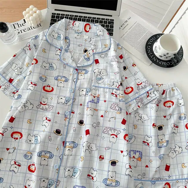 俏韵 翻领卡通夏季冰丝甜美短袖可爱薄款家居服可外穿睡衣套装 女款