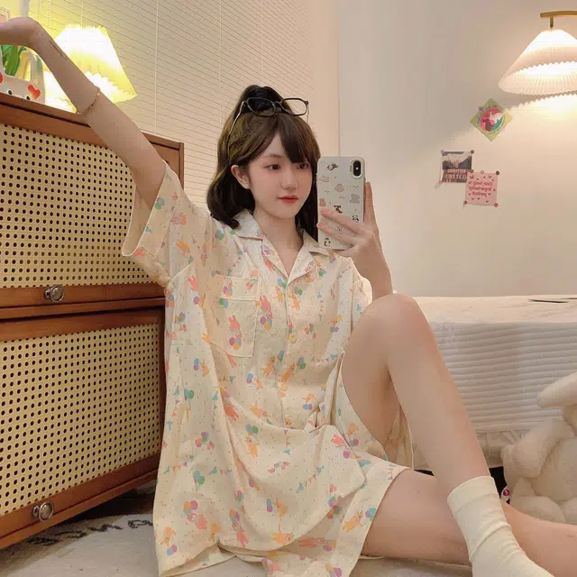 俏韵 翻领卡通短袖三件套开衫宽松甜美家居服可外穿睡衣套装 女款