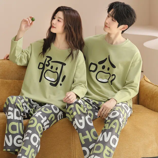 俏韵 圆领卡通春秋季纯棉长袖长裤甜美可爱舒适薄款家居服可外穿睡衣套装 男女同款