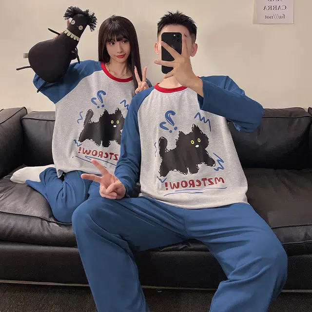 俏韵 圆领卡通春秋季简约长袖长裤甜美印花可爱舒适家居服可外穿睡衣套装 男女同款