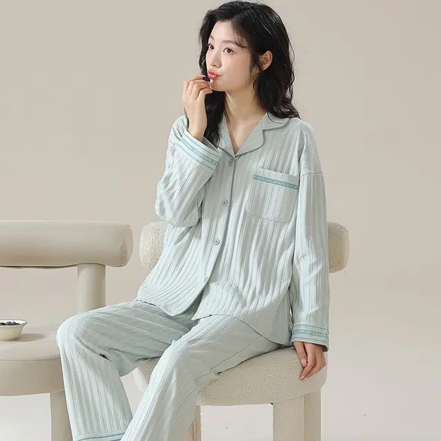 俏韵 翻领春秋季简约风长袖长裤开衫甜美可爱休闲舒适薄款家居服可外穿睡衣套装 女款