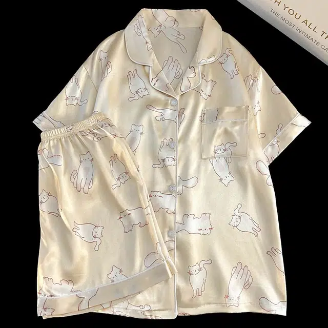 俏韵 翻领夏季冰丝舒适凉感短袖甜美可爱薄款家居服可外穿睡衣套装 女款