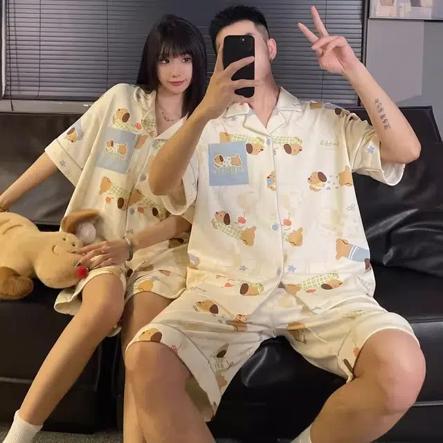 俏韵 翻领卡通腊肠狗短袖舒适家居服可外穿夏季睡衣套装 男女同款 图片色