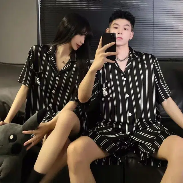 俏韵 翻领短袖可外穿家居服睡衣套装 男女同款