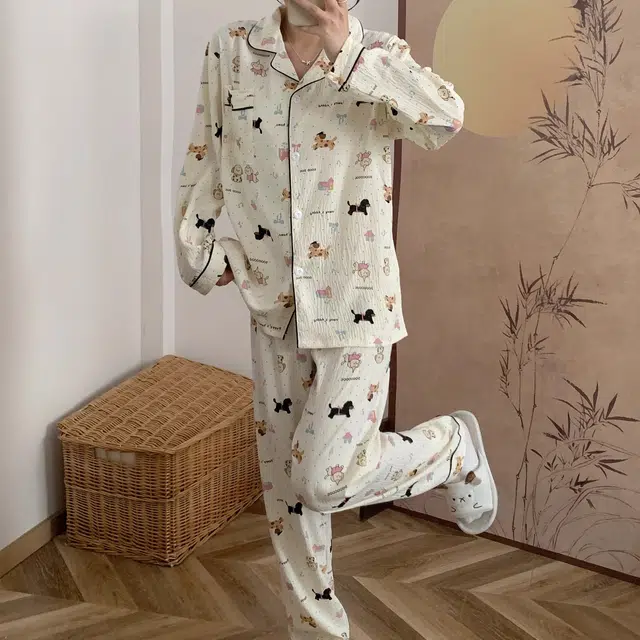 俏韵 翻领卡通小狗春秋季长袖长裤甜美印花可爱薄款家居服可外穿睡衣套装 女款