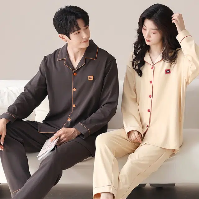 俏韵 翻领春秋季纯棉简约纯色长袖长裤甜美舒适休闲家居服可外穿睡衣套装 男女同款