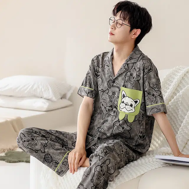 俏韵 翻领卡通动漫简约舒适上衣松紧腰长裤睡衣套装 男款