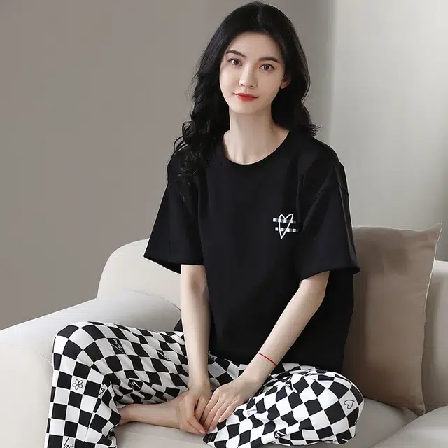 俏韵 舒适柔软爱心格子短袖长裤家居服睡衣套装 女款