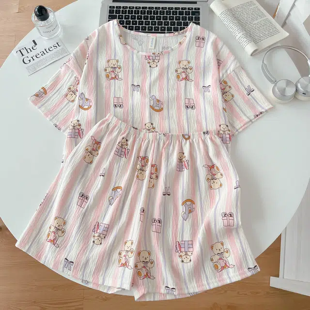 俏韵 圆领卡通小熊夏季云朵棉甜美可爱短袖短裤休闲舒适薄款家居服可外穿睡衣套装 女款