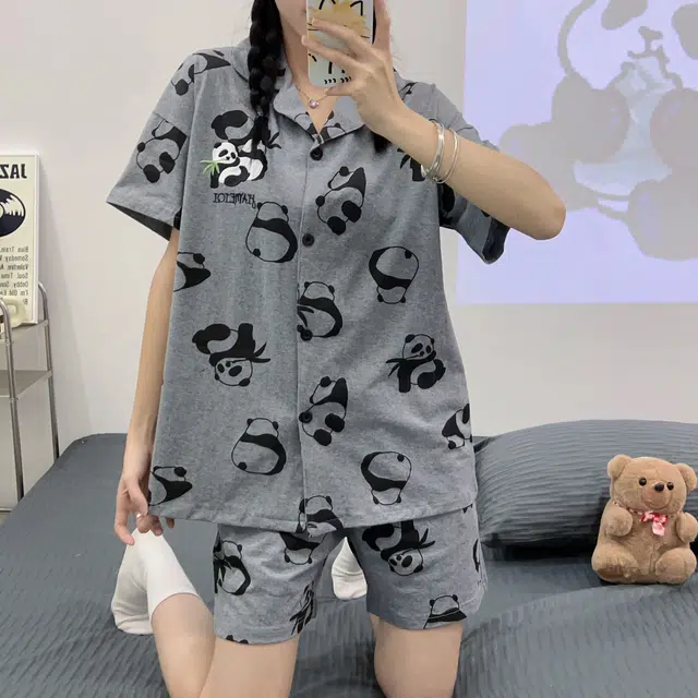 俏韵 翻领卡通熊猫高级感短袖凉感薄款家居服可外穿睡衣套装 男女同款