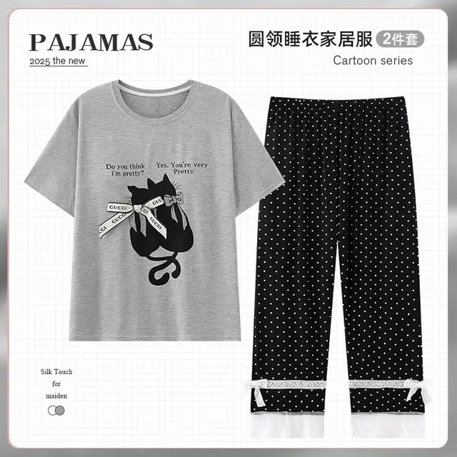 俏韵 圆领卡通黑猫短袖长裤带胸垫防凸点蕾丝边家居服可外穿睡衣套装 女款