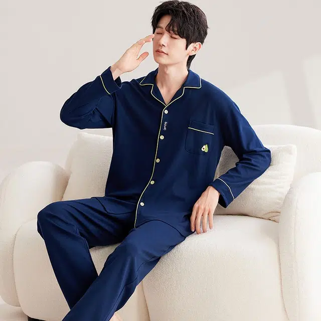 俏韵 翻领春秋季开衫长袖长裤休闲简约风宽松舒适薄款家居服可外穿睡衣套装 男款