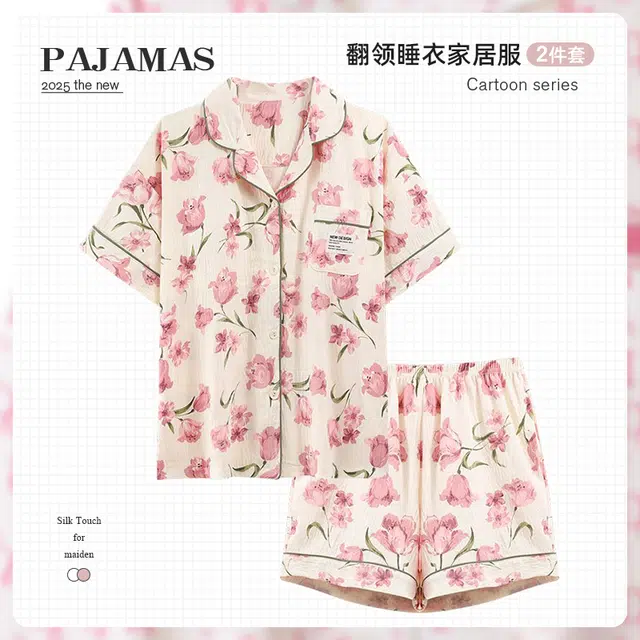 俏韵 短袖翻领甜美舒适三分裤薄款家居服可外穿夏季睡衣套装 女款