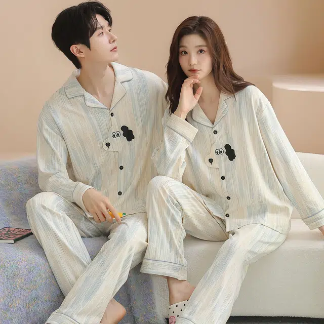 俏韵 翻领卡通春秋季纯棉长袖长裤甜美时尚舒适高级家居服可外穿睡衣套装 男女同款