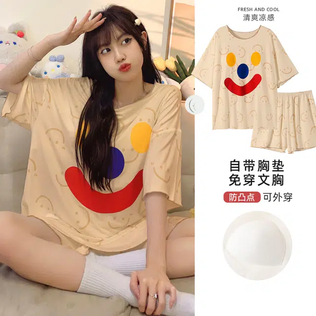 俏韵 可外穿卡通笑脸带胸垫短袖家居服短裤睡衣套装 女款