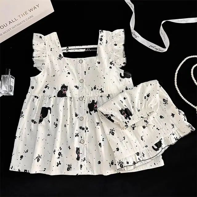 俏韵 卡通小黑猫休闲简约吊带短裤少女家居服睡衣套装 女款