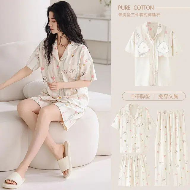 俏韵 翻领卡通猫咪夏季舒适可爱甜美带胸垫短袖三件套薄款家居服可外穿睡衣套装 女款