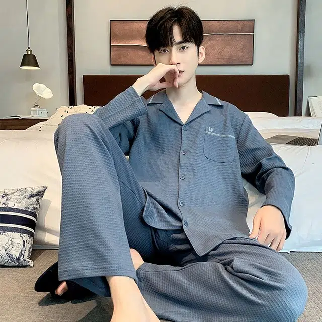 俏韵 翻领秋春季长袖长裤开衫休闲简约风薄款舒适家居服可外穿睡衣套装 男款
