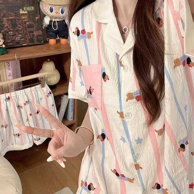 俏韵 翻领卡通凉感薄款短袖舒适家居服可外穿睡衣套装 女款