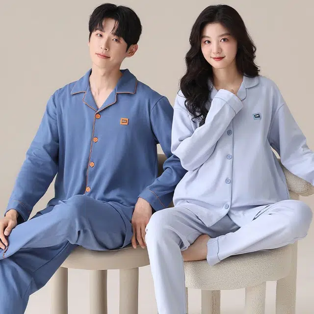 俏韵 翻领春秋季款纯棉简约纯色长袖长裤甜美舒适休闲家居服可外穿睡衣套装 男女同款