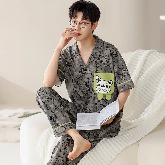俏韵 翻领卡通动漫简约舒适上衣松紧腰长裤睡衣套装 男款