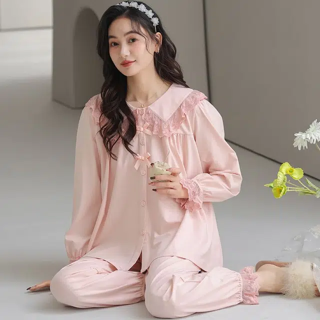 俏韵 翻领春秋季简约风长袖长裤甜美可爱休闲舒适薄款家居服可外穿睡衣套装 女款