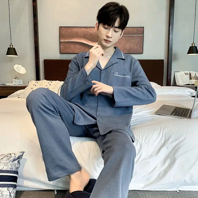 俏韵 翻领秋春季长袖长裤开衫休闲简约风薄款舒适家居服可外穿睡衣套装 男款