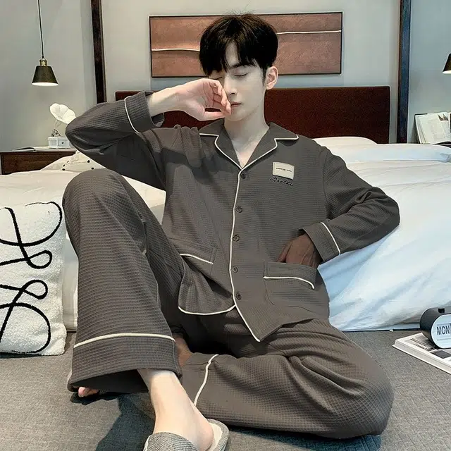 俏韵 翻领秋春季长袖开衫休闲简约薄款家居服可外穿睡衣套装 男款