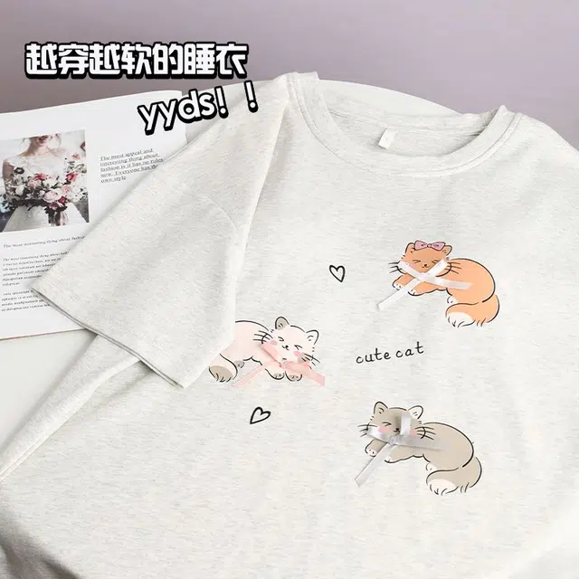 俏韵 甜美圆领卡通短袖可爱带胸垫家居服可外穿三分裤夏季睡衣套装 女款