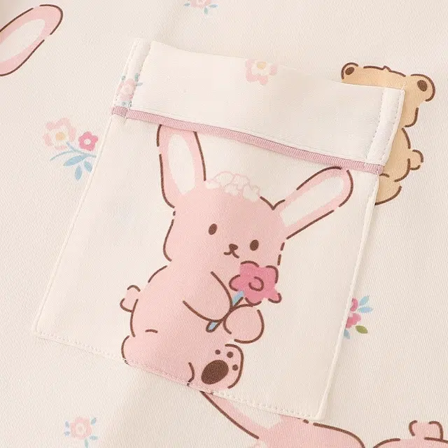 俏韵 翻领卡通纯棉可外穿短袖三分裤睡衣套装 女款 杏色