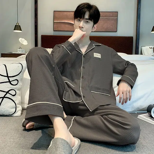 俏韵 翻领秋春季长袖开衫休闲简约薄款家居服可外穿睡衣套装 男款