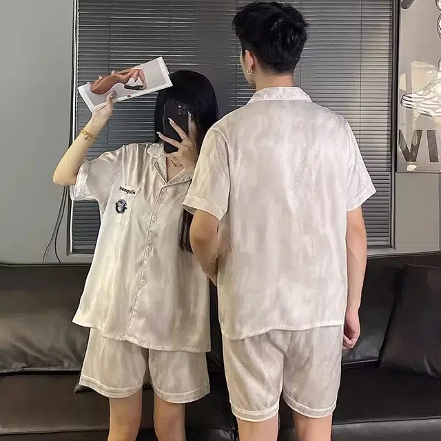 俏韵 翻领冰丝凉感时尚家居服可外穿睡衣套装 男女同款