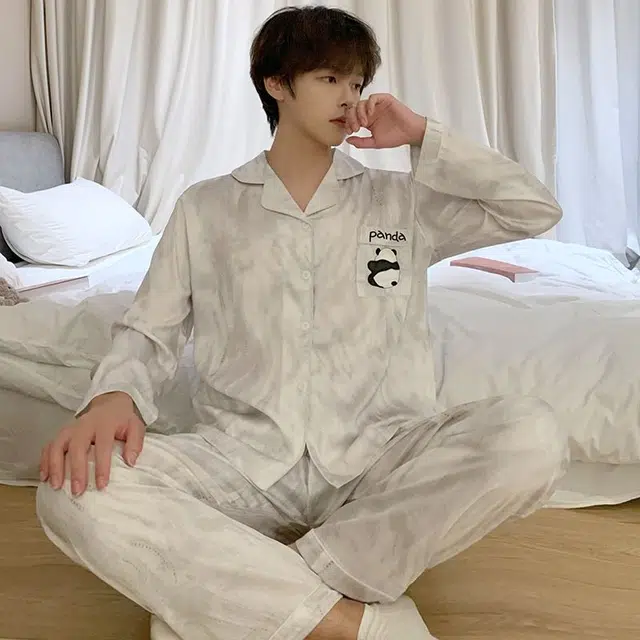 俏韵 开衫翻领长袖熊猫可外穿家居服睡衣套装 男女同款