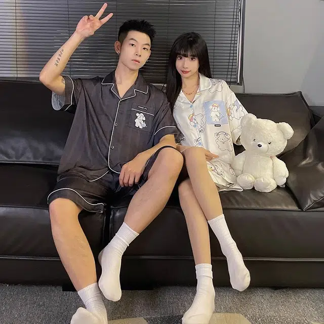 俏韵 翻领短袖三分裤卡通凉感可外穿家居服夏季睡衣套装 男女同款